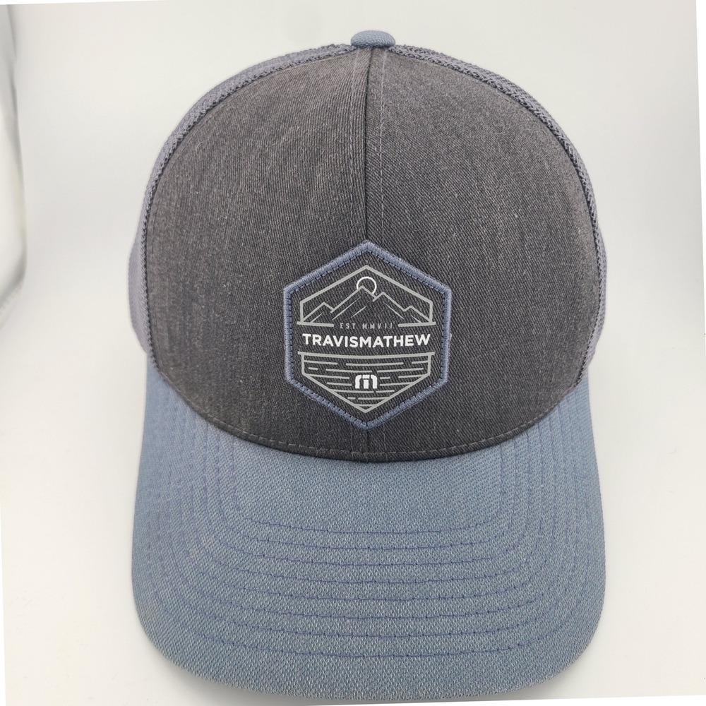 TravisMathew Flexfit 110 Golf Trucker Hat Snapback Patch Gray Blue Mesh Golfcore